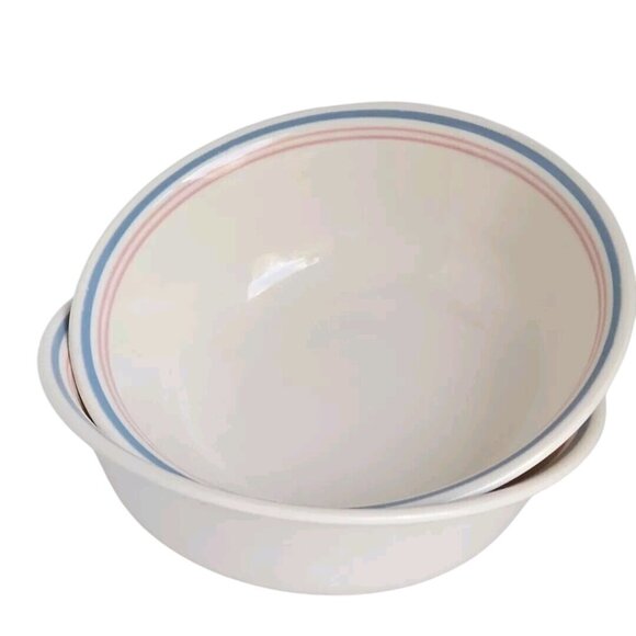 Corelle Colonial Blue Bowls 6.25" set of 2 double pink stripes USA vintage 1980s - Picture 1 of 9